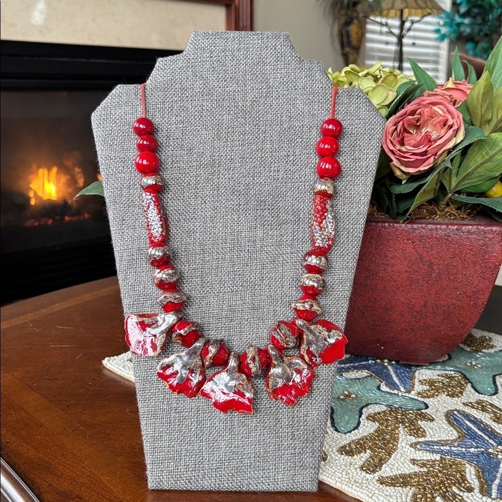 Vintage Red & Silver Tone Beaded Long Necklace Leather Cord Abstract Ceramic - Picture 15 of 15